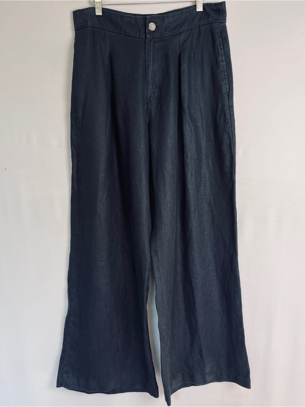 H Halston 100% Linen Wide Leg Trousers Black Pleated Size 10